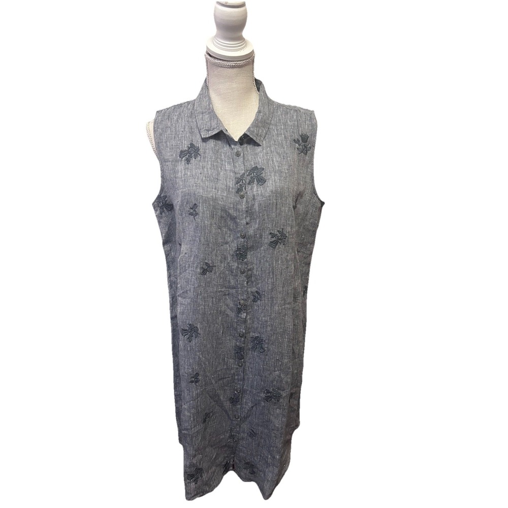 Karyn Seo Women's Linen Dress Large Embroidered Roses Flower Karyn Blue